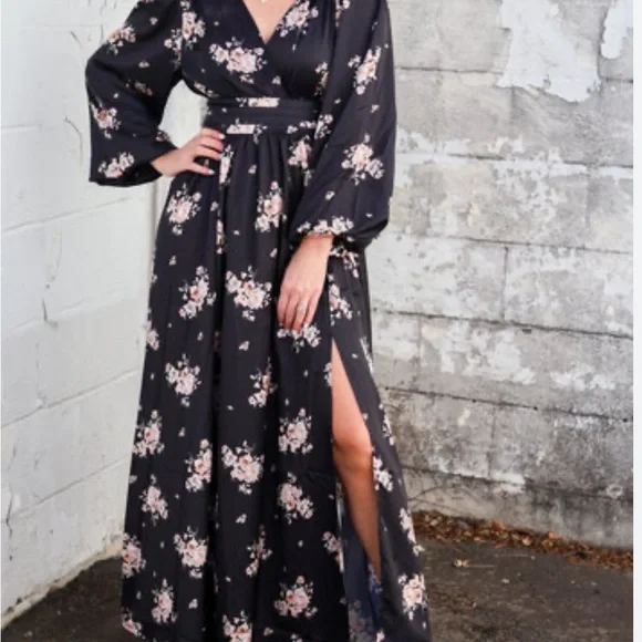 Pinch Women’s Black Satin Smoked Maxi Slit Floral Long Sleeve V Neck Dress Med - Picture 3 of 15